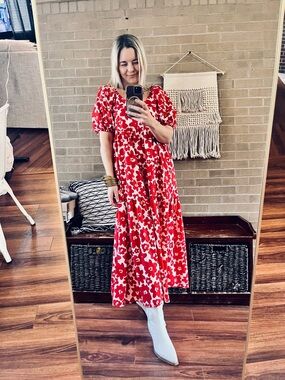 Red & White Floral V-Neck Maxi Dress